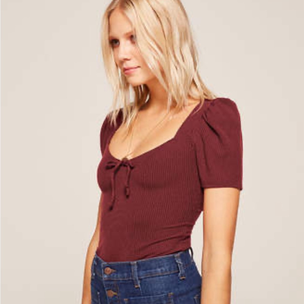 Reformation Burgundy Ribbed Tie-Front Puff Sleeve Top